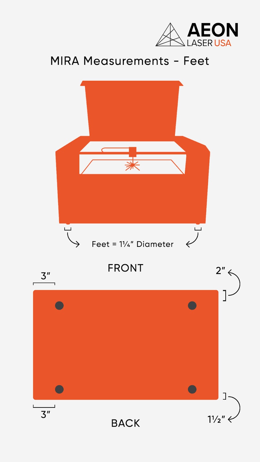 top image shows front view of the MIRA machine with arrows pointing at the rubber feet. bottom image shows a view of the MIRA from underneath, noting measurements.